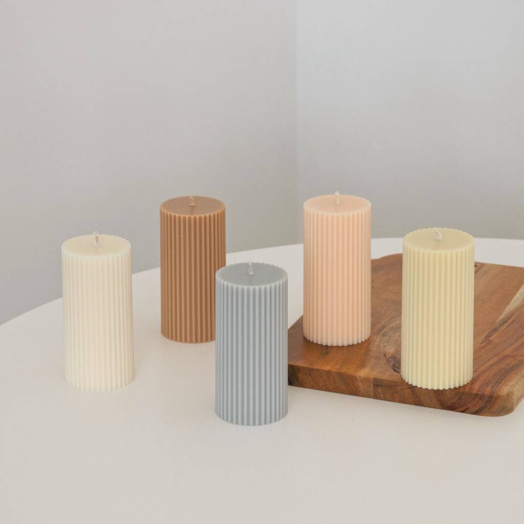 Neutral Ribbed Pillar Candle, 1 of 6