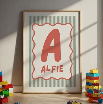 Personalised Green And Red Scallop Initial Wall Print, 3 of 3