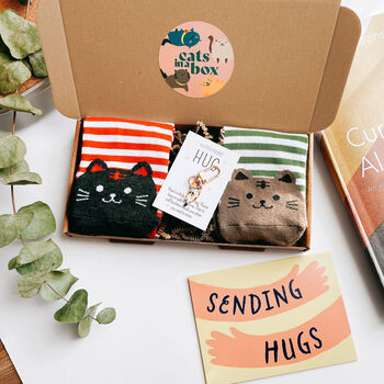 Cat Lover Gift, Set Of Two Cat Socks In A Box, Pocket Hug Gift Box, 2 of 9