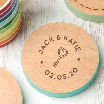 Personalised Wood Lock And Key Coaster Set For Couples, 2 of 6