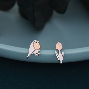 Sterling Silver Robin Bird And Tulip Stud Earrings, 4 of 7