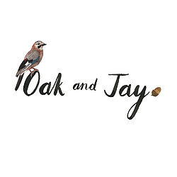A small, illustrated european Jay sitting atop the "O" in "Oak and Jay."