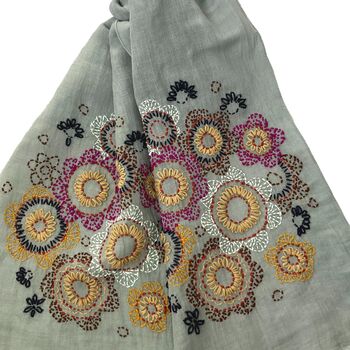 Hand Embroidered 100% Linen Scarf In Grey Floral, 3 of 5