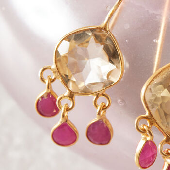 Citrine And Ruby Gold And Silver Dangly Drop Earrings, 5 of 11