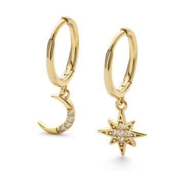 Gold Plated And Sterling Silver Star Moon Hoop Earrings, 2 of 6