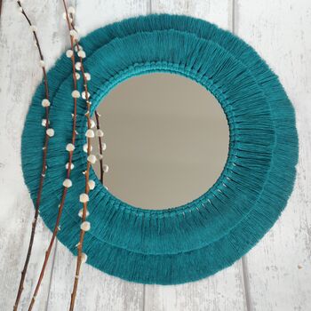 Handmade Medium Fringed Macrame Mirror, Macrame Bedroom Wall Mirror, 3 of 10