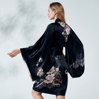 Silk Kimono Dressing Gown Fleur Japonaise Midnight Blue, 7 of 10