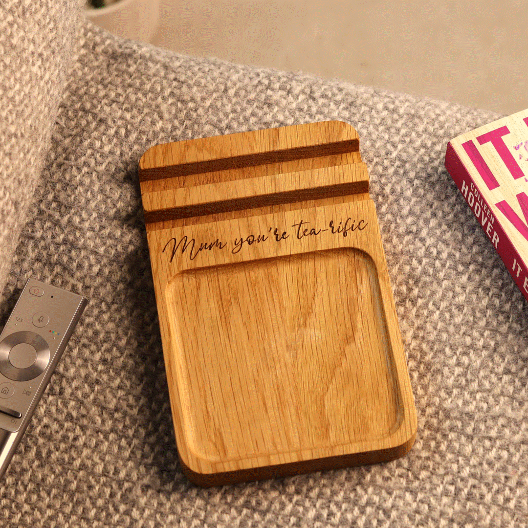 Personalised Phone Stand Sofa Coaster In Solid Oak – Gift For Her, thumbnail 2 of 12
