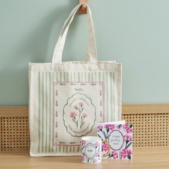 Personalised Birth Flower Mug And Tote Bag With Card Gift Set, 3 of 3