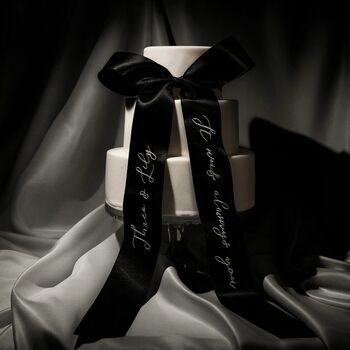 Custom Embroidered Wedding Cake Bow | Personalised Satin Ribbon Cake Topper | Bespoke Monogrammed Wraparound Ribbon | Modern Bridal Keepsake, 3 of 5