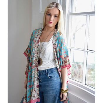 Exotic Floral Viscose Kaftan Jacket With Heavy Cream Fishbone Embroidery, 2 of 6