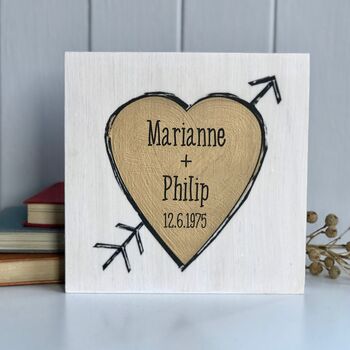 Gold / Silver Heart With Names And Date Printed On Wood, 3 of 9