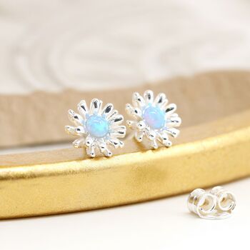 Sterling Silver Blue Opal Daisy Stud Earrings, 5 of 11