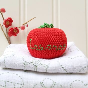Personalised Crocheted Tomato Rattle New Baby Gift, 2 of 7