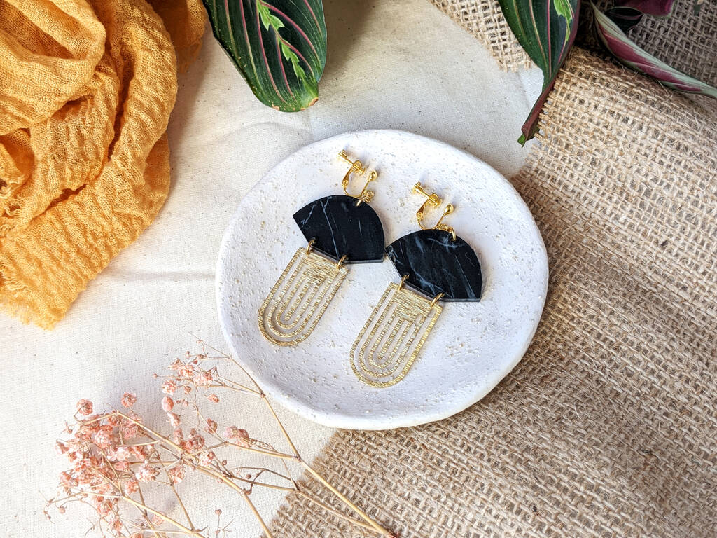 Clip On Portoro Back Marble Brass Art Deco Acrylic Fan Drop Earrings, 1 of 5