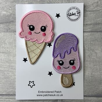 Set Of Two Cute Fun Ice Cream Embroidered Iron On Patches, 2 of 2