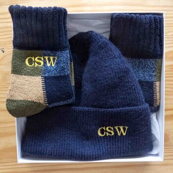 Mens Wool Beanie Hat Personalised Bed Socks Gift Set, 3 of 9