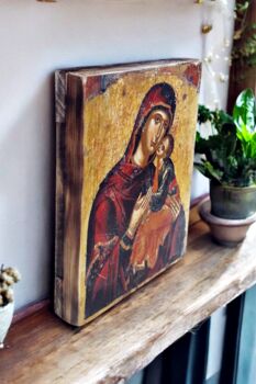 Virgin Mary Icon, Religious Symbol, Antique Russian Wood Board, 2 of 5