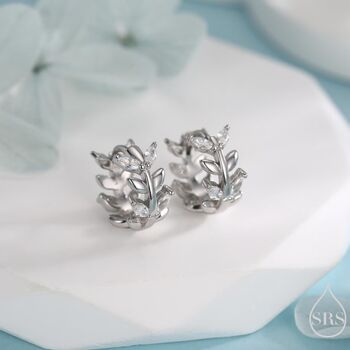 Cz Olive Leaf Huggie Hoop In Sterling Silver, 2 of 12