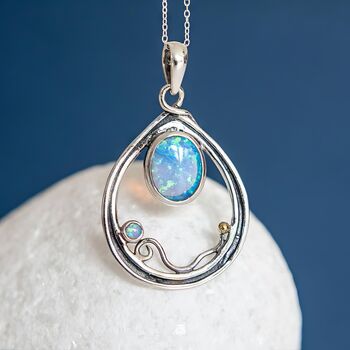 Large Sterling Silver Halo Teardrop Blue Opal Necklace, 2 of 10