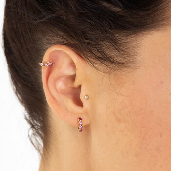 Silver Bezel Huggie Earrings With Pink Stones, 3 of 4