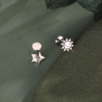 Sterling Silver Sun And Star 16 G Flat Back Labret Earrings, 6 of 12