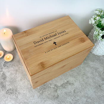 Personalised Bamboo Urn For Cremation Ashes Name And Icon Design, 3 of 12