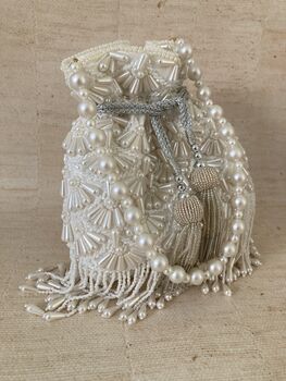 White Handcrafted Embellished Pearl Potli Wrist Bag, 2 of 12