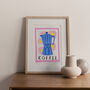 Moka Pot Coffee Art Print Watercolour Collage Poster, thumbnail 1 of 3