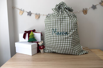 Personalised Green Gingham Gift Sack Embroidered, 2 of 12