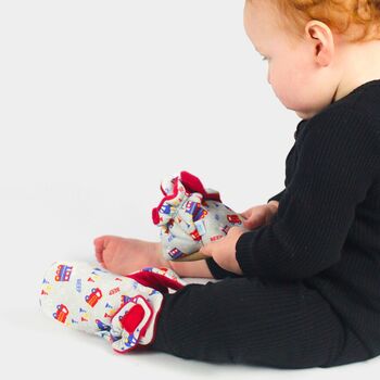 Dotty Fish Transport Cotton Baby Booties With Fleece Lining And Barefoot Soles, 2 of 7