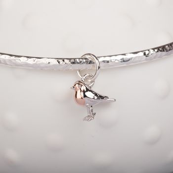Personalised Hammered Bangle With Baby Robin Charm, 2 of 6