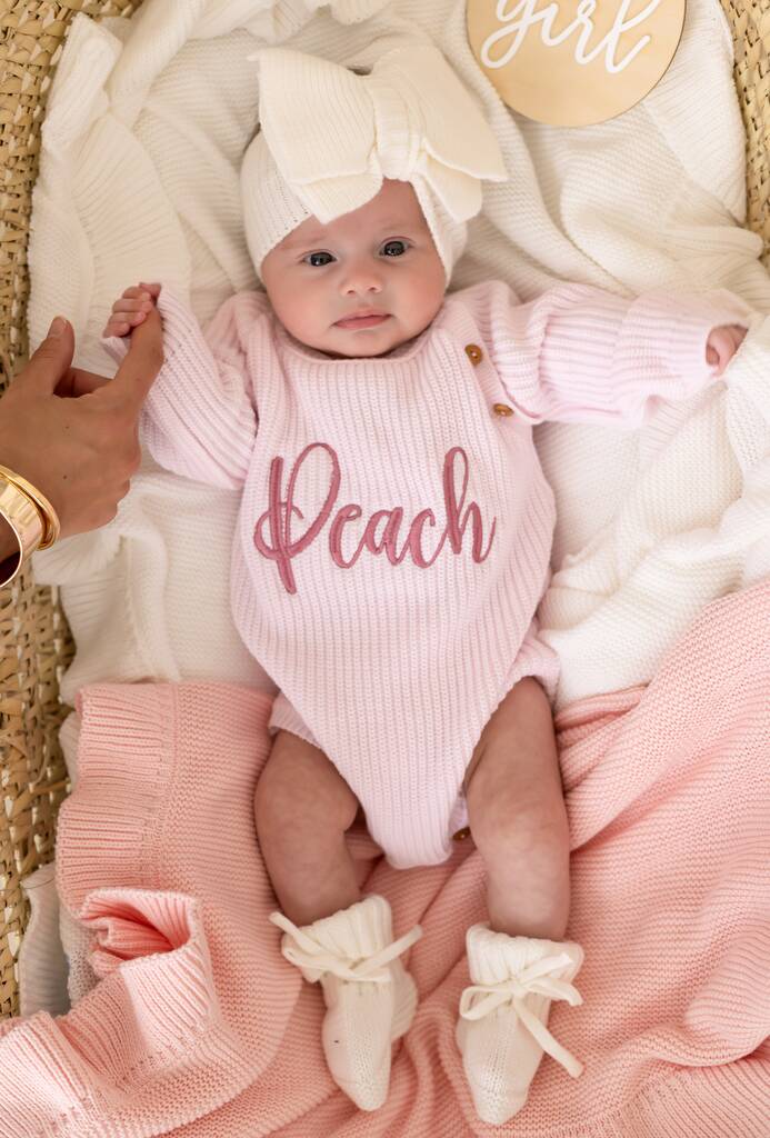 Pink Personalised Embroidered New Baby Name Long Sleeve Knitted Romper, 1 of 12