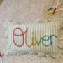 Hand Embroidered Personalised Cushion Green Stripe With Ruffle Trim, thumbnail 2 of 3