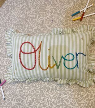 Hand Embroidered Personalised Cushion Green Stripe With Ruffle Trim, 2 of 3