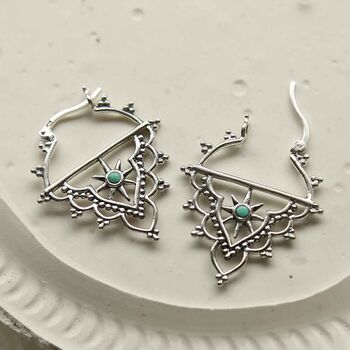 Sterling Silver Turquoise Sun Hoops, 3 of 5