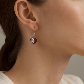 Sterling Silver Baltic Amber Filigree Heart Drop Earrings, 3 of 5