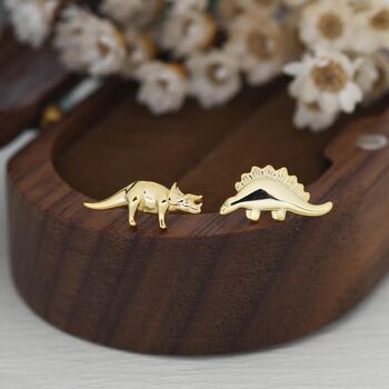 Mismatched Stegosaurus And Triceratops Dinosaur Stud Earrings In Sterling Silver, 3 of 12
