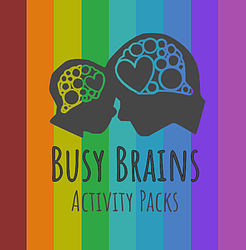 Busy Brains Activity Packs Logo, featuring vertical rainbow striped background and child and adult head silhouettes touching foreheads with stylised brains.