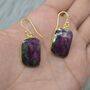 Ruby Zoisite Earrings: Gold Plated Silver, Anyolite, Teardrop Or Rectangular Dangle Drop, thumbnail 9 of 12