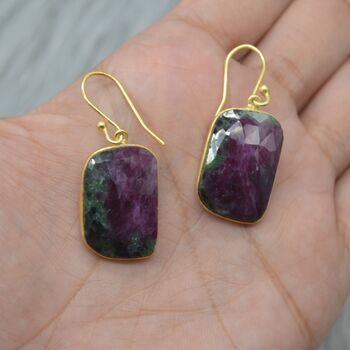 Ruby Zoisite Earrings: Gold Plated Silver, Anyolite, Teardrop Or Rectangular Dangle Drop, 9 of 12