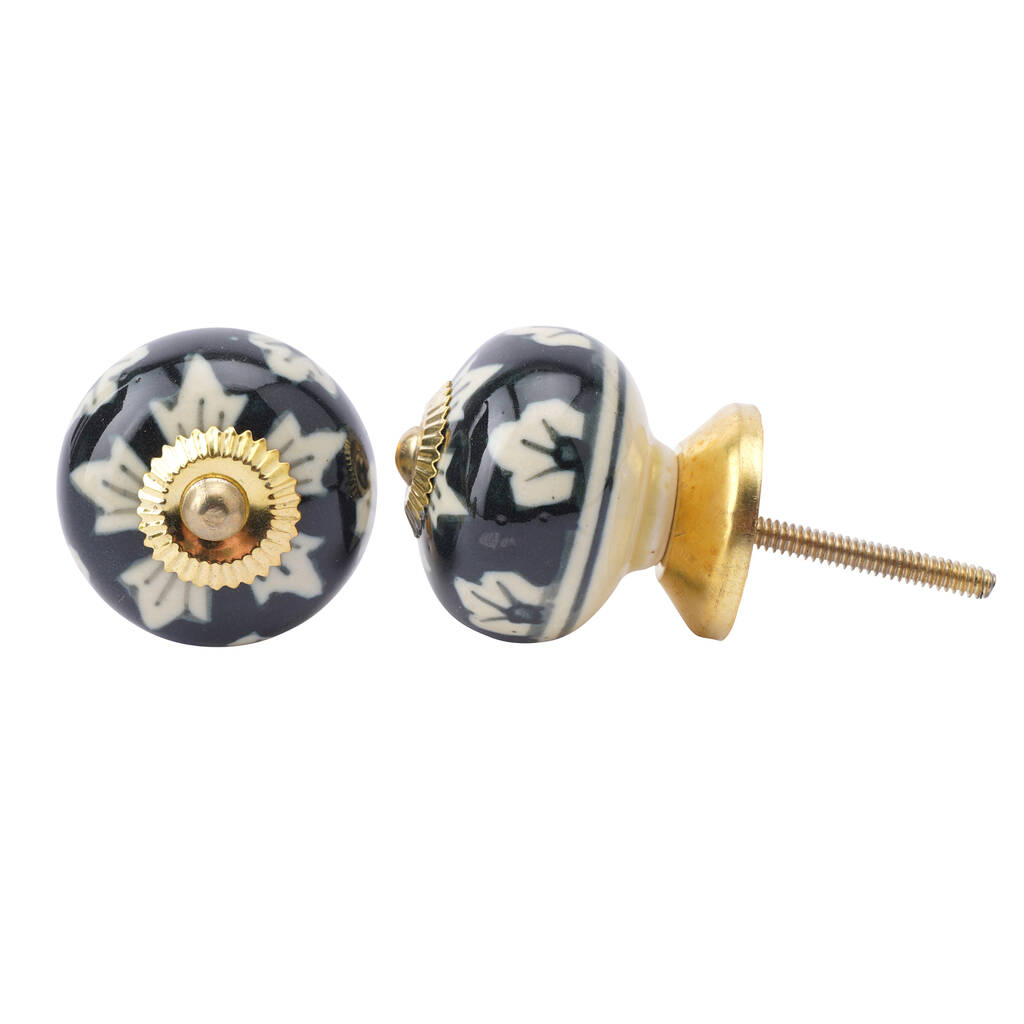 Ceramic Set Of Two Black And Beige Flower Drawer Pull