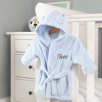 Personalised Blue Baby Dressing Gown With Ears On Hood, 4 of 6