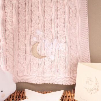 Personalised Pink Baby Blanket – Moon And Stars Name Embroidery, 2 of 12