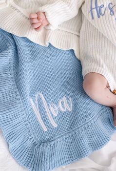 White Personalised Embroidered New Baby Name Long Sleeve Knitted Romper, 6 of 12