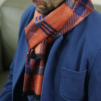 Men's Personalised Bold Orange Blue Check Scarf, 5 of 11