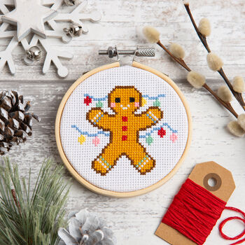 Gingerbread Man Christmas Cross Stitch Kit Three Inch Hoop, 2 of 5