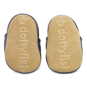 Dotty Fish Navy Spotty Dotty Soft Leather Baby Shoes With Barefoot Soles, 8 of 11