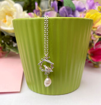 Sterling Silver Mini Robin Nest With Baroque Pearl Necklace, 3 of 9
