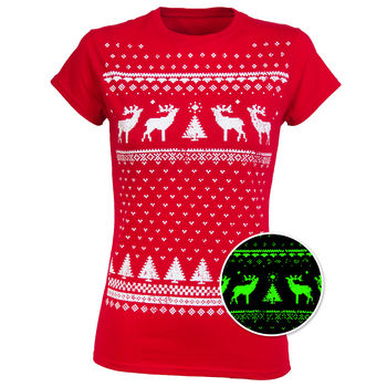 Womens Christmas Reindeer Glow In The Dark Tshirt, 6 of 9